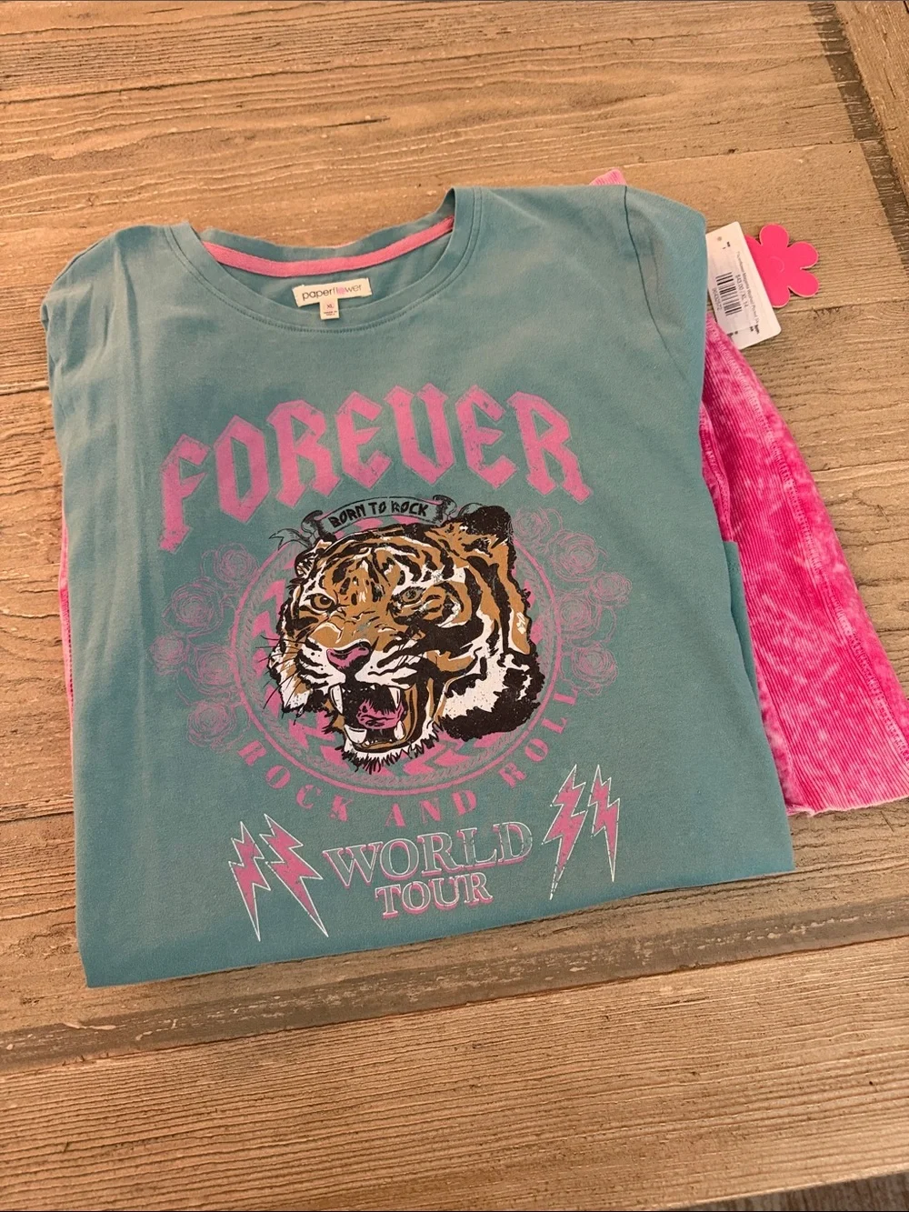 Paperflower Teal Tee and Pink Acid-Wash Casual Skirt